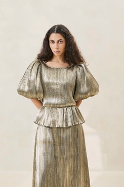 Loeffler Randall Dorit Gold Puff Sleeve Pleated Dress