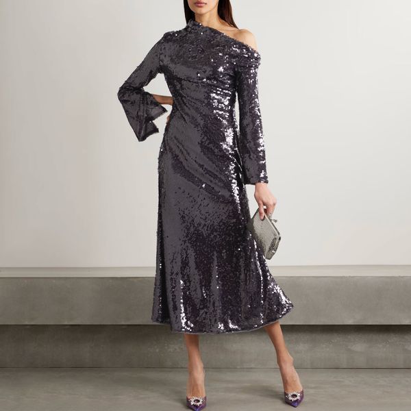 Self Portrait Asymmetric Sequined Mesh Dress