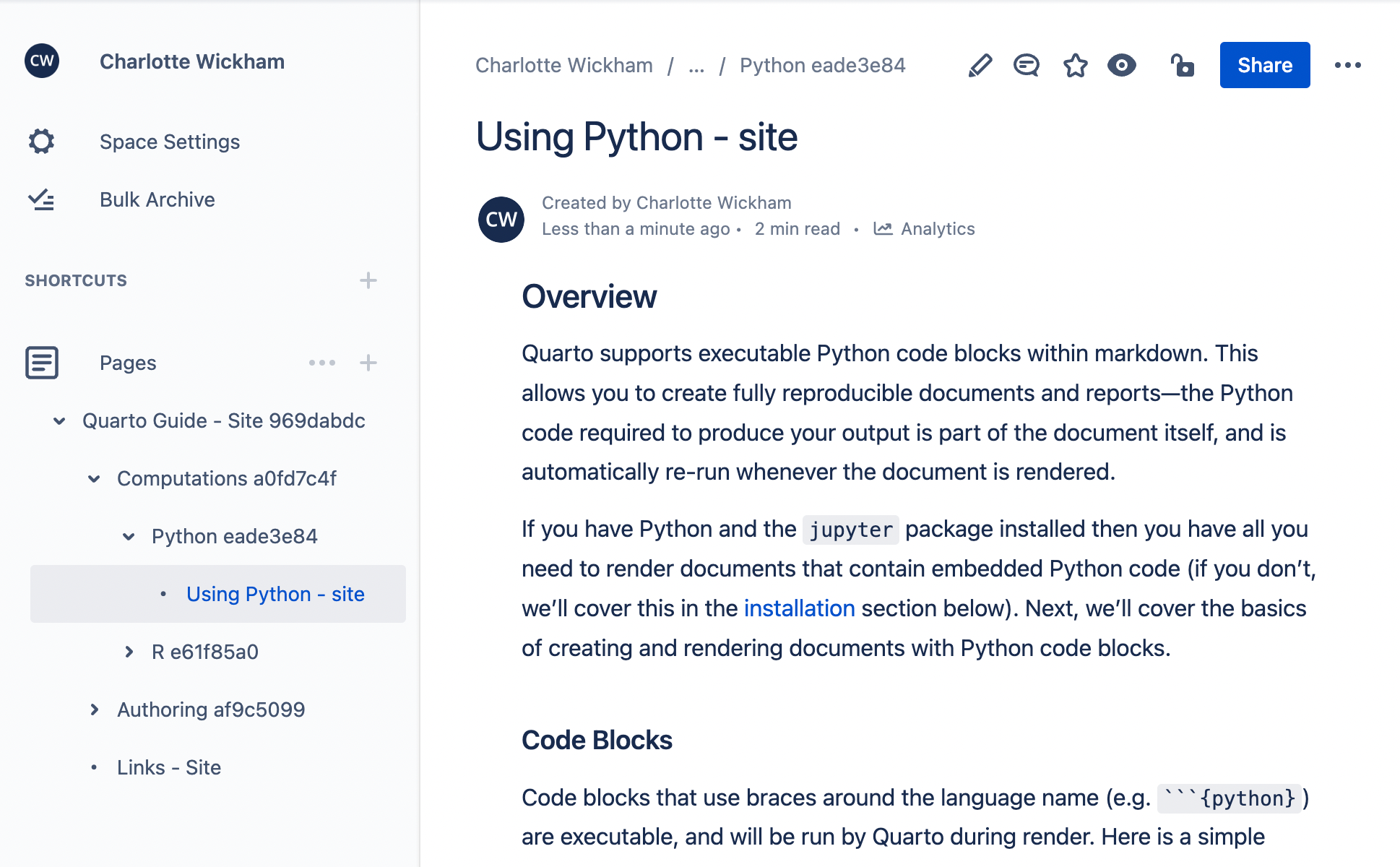 A screenshot of Space in Confluence. On the left in the Sdiebar under Pages is a page called 'Guide-site'. Nested under this page are pages called 'authoring', and 'computation', along with some other pages. The 'computation' page item is expanded and shows a page called 'Using Python - site', nested under a page called 'python'. A page is displayed on the right with the title 'Using Python - site'