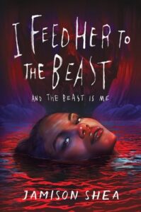 Cover for I Fed Her to the Beast and the Beast is Me. A Black woman-read person's head is eerily staring at you, from a pool of water mostly covered in blood. A skull is in the background, barely made out in the cavern walls.