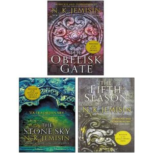 Covers of the Broken Earth Series: Obelisk Gate, The Stone Sky, and The Fifth Season. Elaborate stone engravings overlayed with red, teal, and gray respectively.