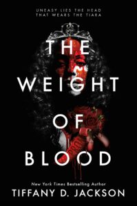 Cover for The Weight of Blood. Black and white, a prom queen with a splash of red blood on her person. 