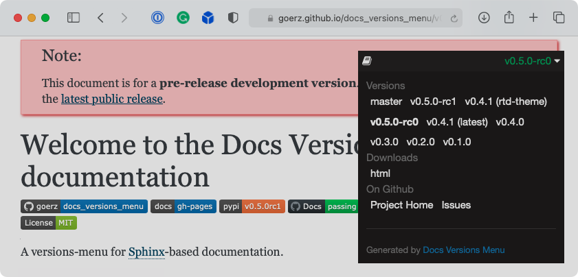 Docs-Versions-Menu Screenshot