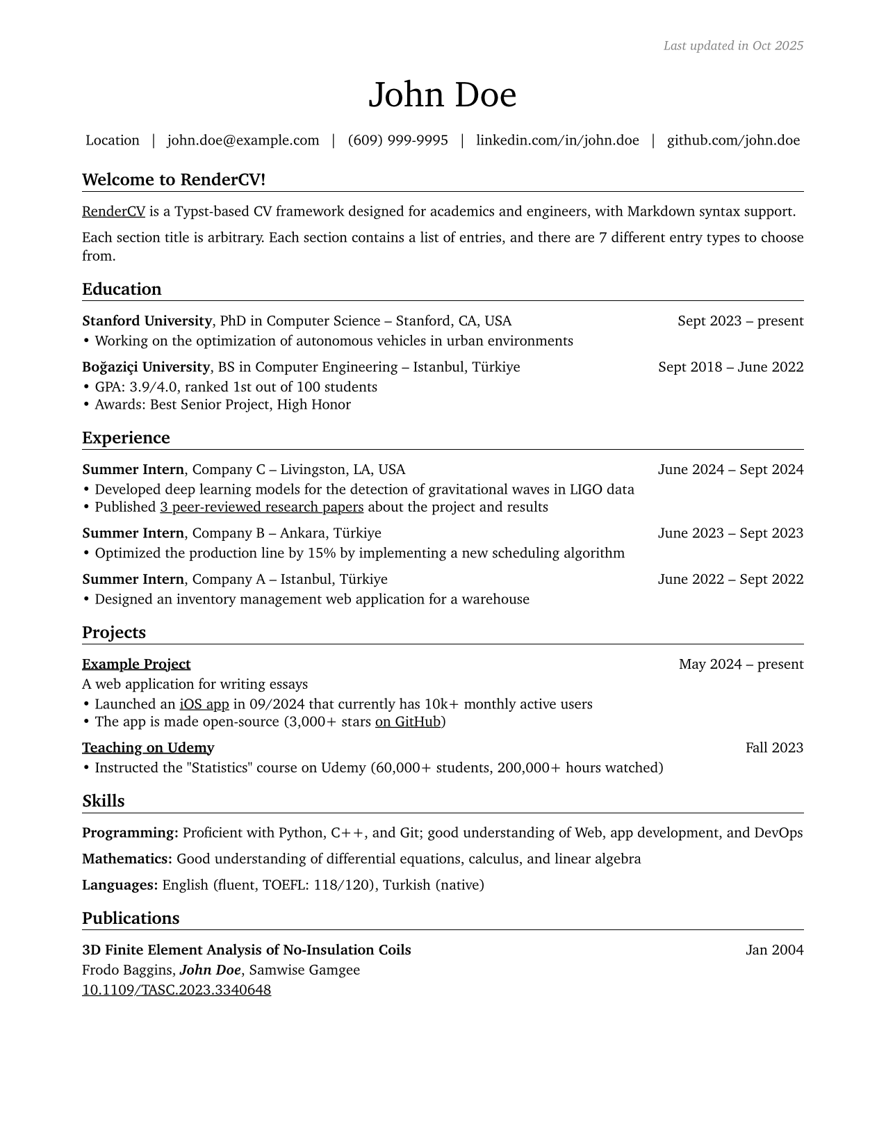 Engineeringresumes Theme Example of RenderCV