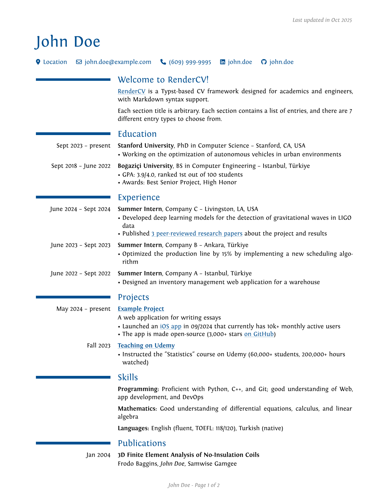 Moderncv Theme Example of RenderCV