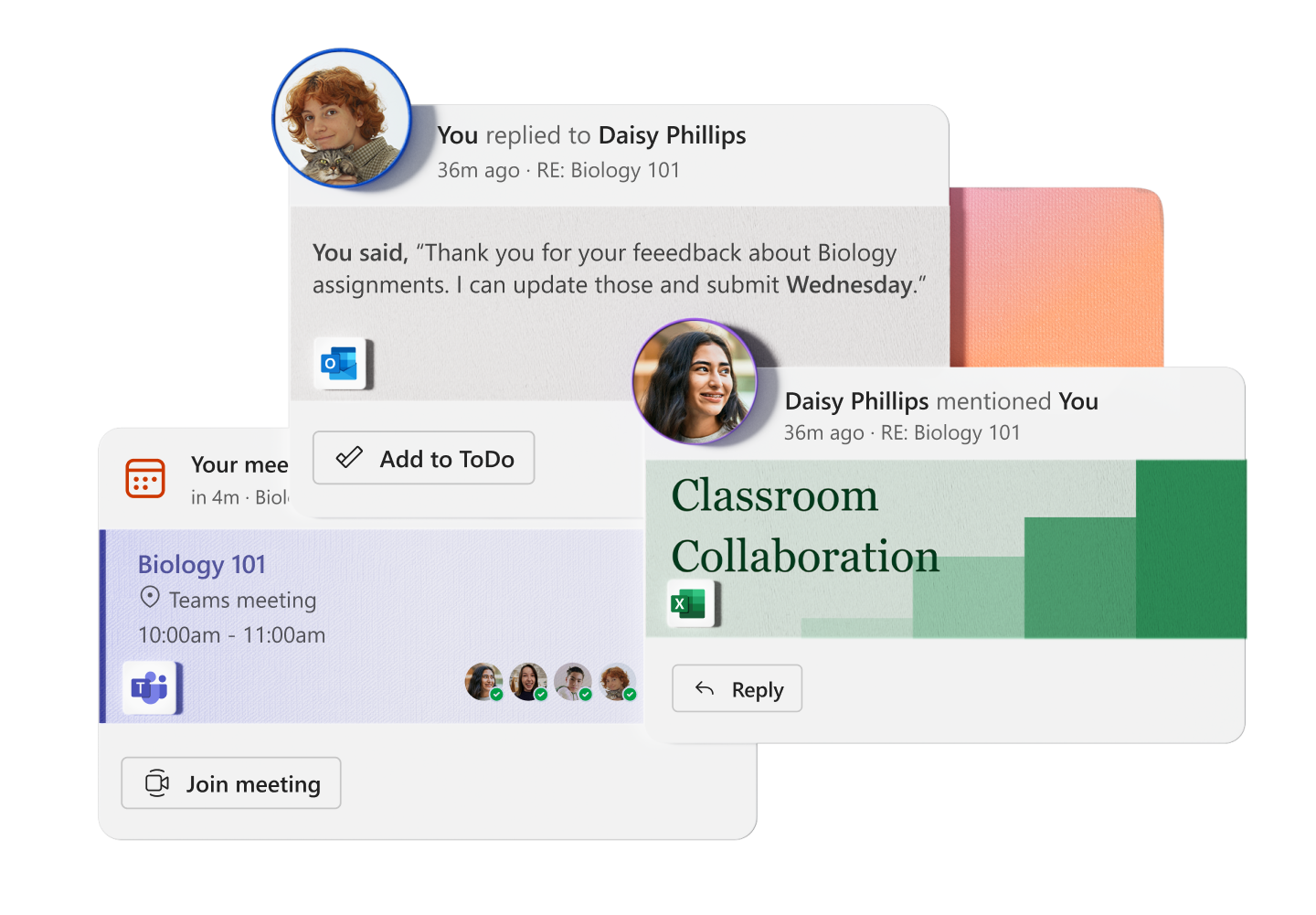 Screenshots showing virtual collaboration features of Microsoft 365 for students and educators