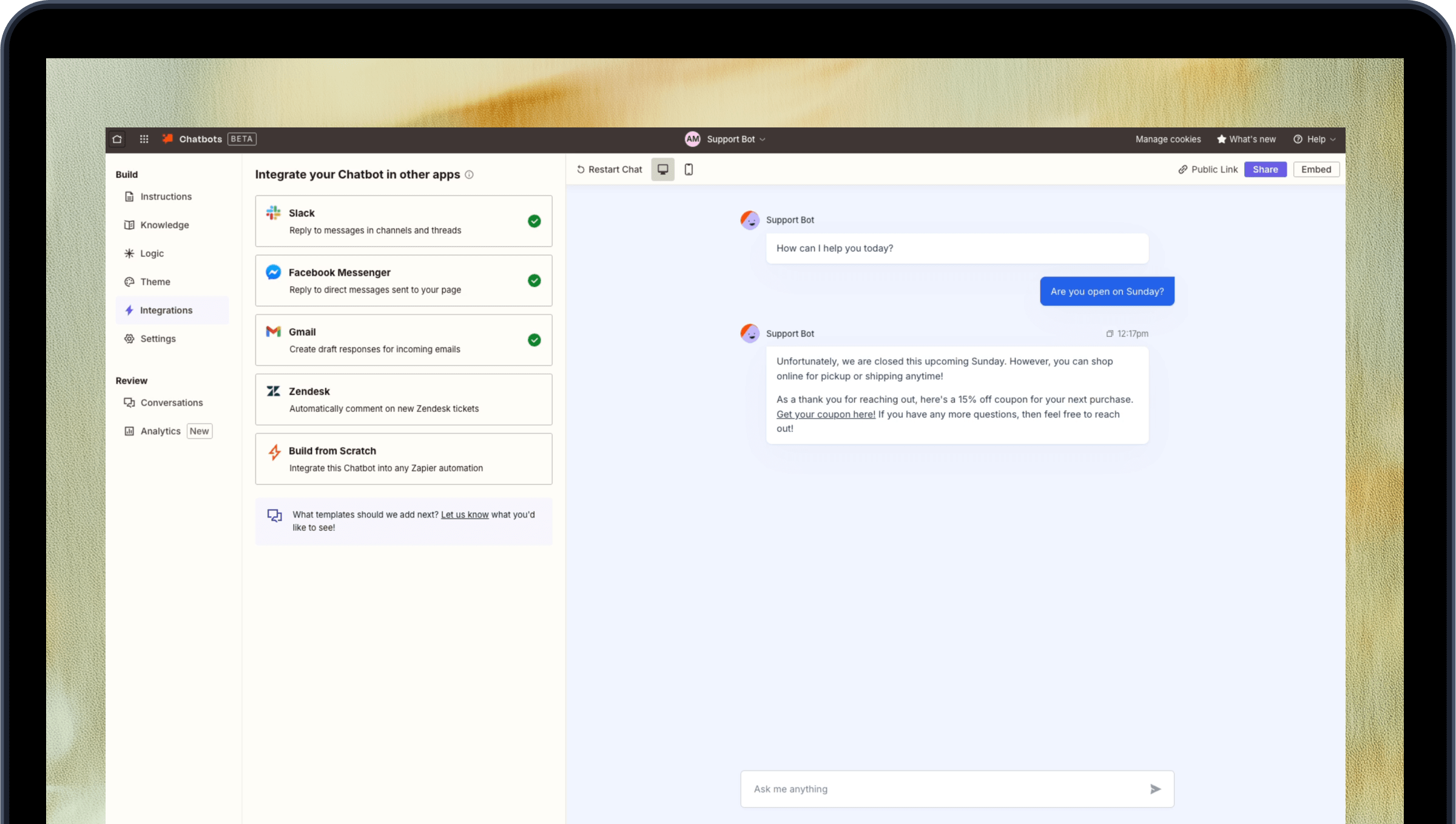 Chatbots UI inside laptop frame