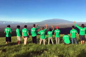 People overlooking cliff in Hawaii