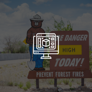 Image of fire danger sign with smokey bear and an icon representing data and tools