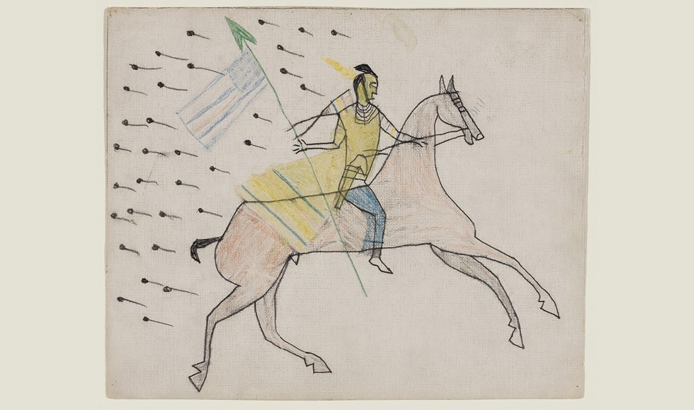 An art piece depicting a person riding a horse.