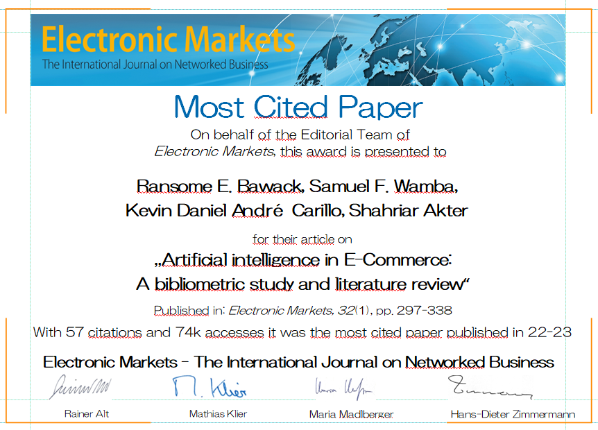 An award listing authors and title of the most cited article published 2022-2023