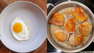 A photo collage of a single fried egg inside of a bowl and five chicken breasts being seared inside of a skillet pan.