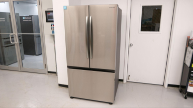 A wide shot of the Samsung RF32CG5100SR French-door refrigerator set up outside our refrigerator testing lab.