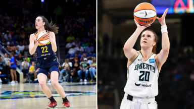 A collage with Caitlin Clark and Sabrina Ionescu playing basketball.