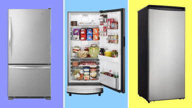 Product shot of the Whirlpool WRB119WFBM, the Gladiator GARF30FDGB and Danby DAR110A1BSLDD refrigerators.