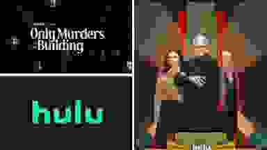 A series of graphics from the TV show "Only Murders in the Building" near the Hulu logo.