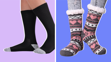 On left, Pembrook socks in black, on right, Dosoni socks in multicolor pink and gray