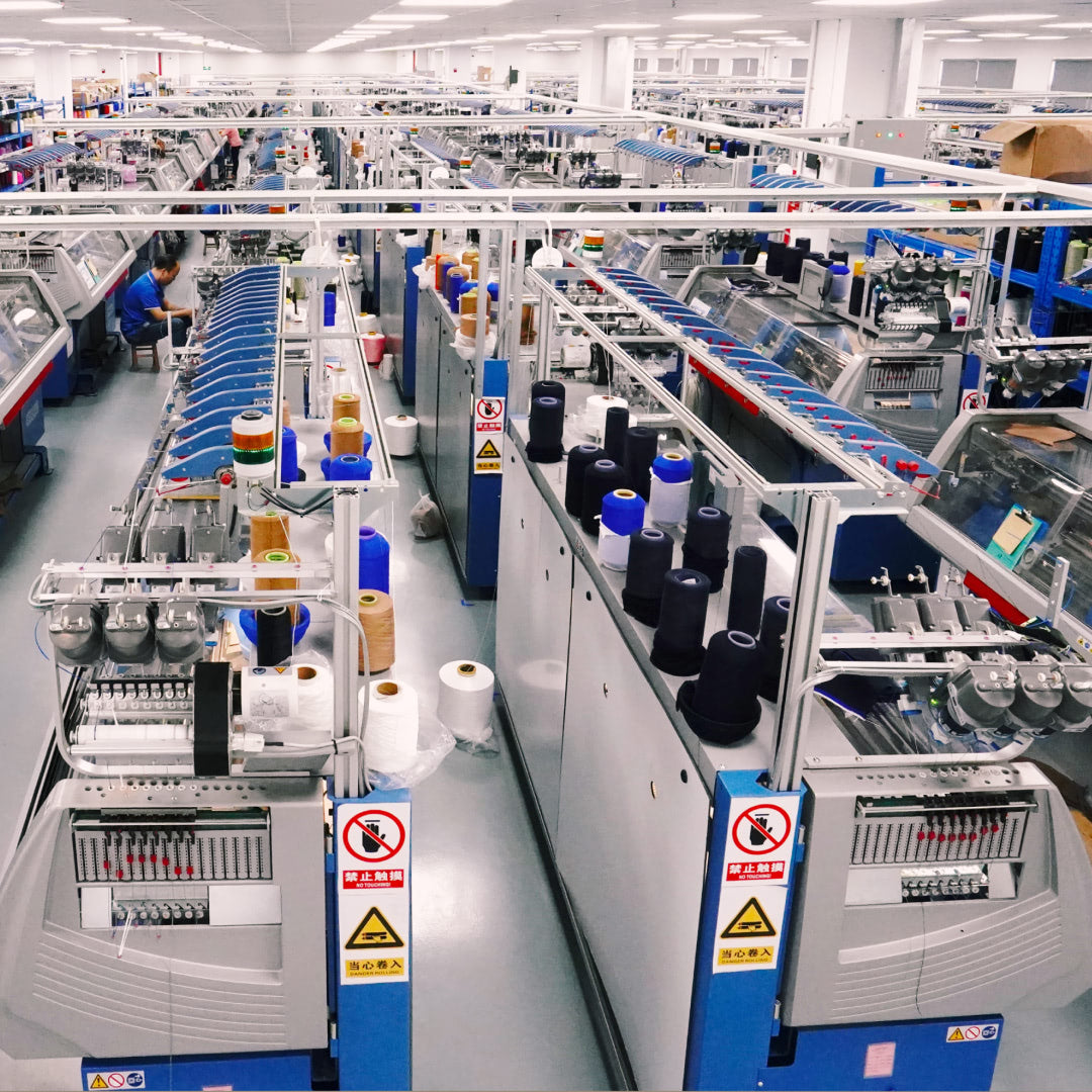 A photograph of the factory floor in Rothy's Dongguan workshop.