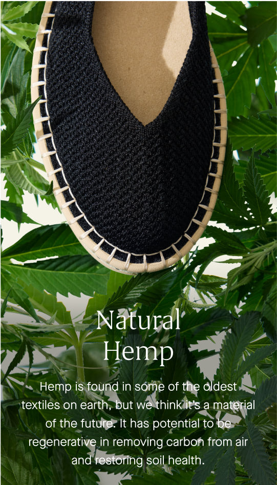 An image of a black shoe over a background of hemp leaves, and copy overlay reading "Natural Hemp | Hemp is found in some of the oldest textiles on earth, but we think it’s a material of the future. It has potential to be regenerative in removing carbon from air and restoring soil health."