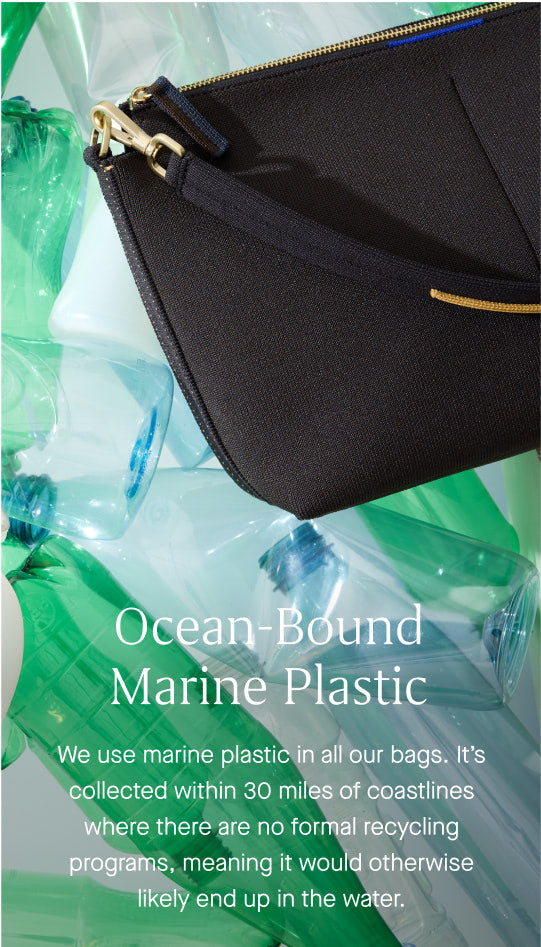 An image of a black shoe over a background of colored plastic bottles, and copy overlay reading "Ocean-Bound Marine Plastic | We use marine plastic in all our bags. It’s collected within 30 miles of coastlines where there are no formal recycling programs, meaning it would otherwise likely end up in the water."