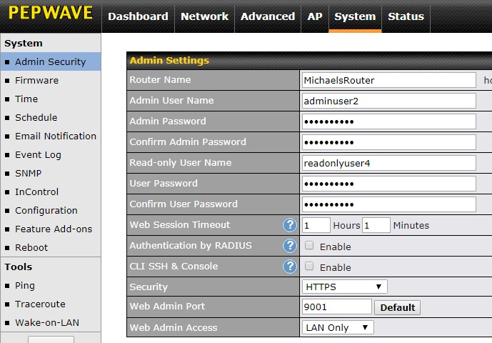 Peplink Admin Security Settings