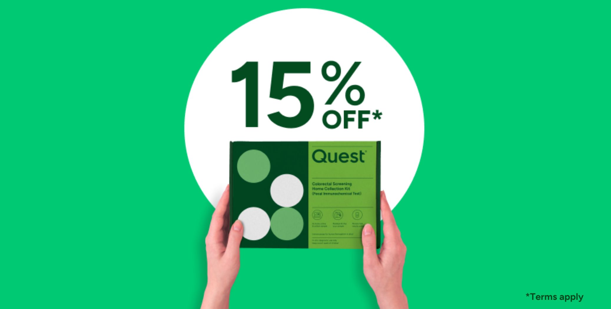 Hands holding a Quest kit with 15% off written