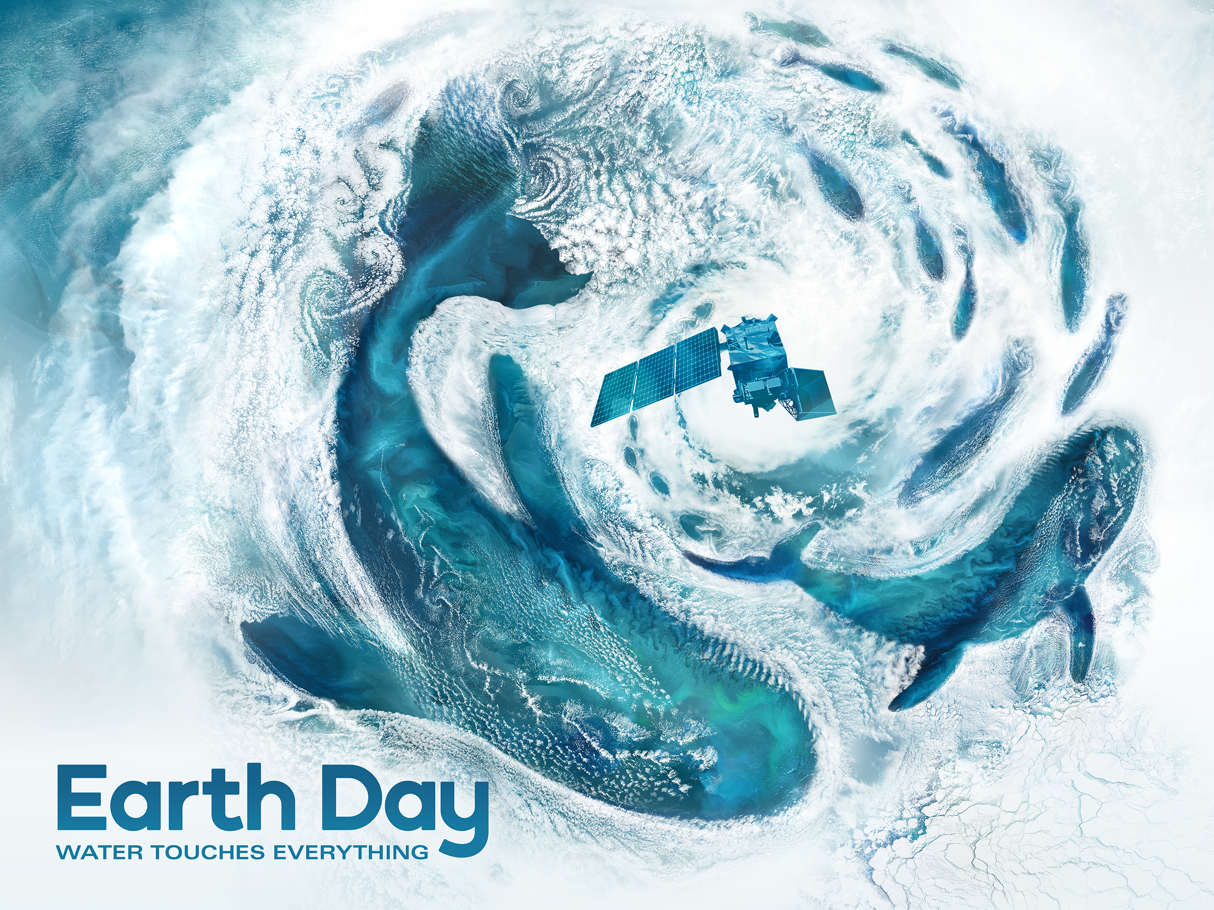 This 2024 Earth Day poster is an ocean themed vertical 15x30 illustration created from NASA satellite cloud imagery overlaid on ocean data. The white cloud imagery wraps around shapes, defining three whales and a school of fish. Swirly cloud patterns, called Von Kármán Vortices, create the feeling of movement in the composition. The focal point is a cyclone in the upper third of the poster. At the center flies the recently launched PACE satellite. The ocean imagery – composed of blues, aquas, and greens – is filled with subtle color changes and undulating patterns created by churning sediment, organic matter and phytoplankton.