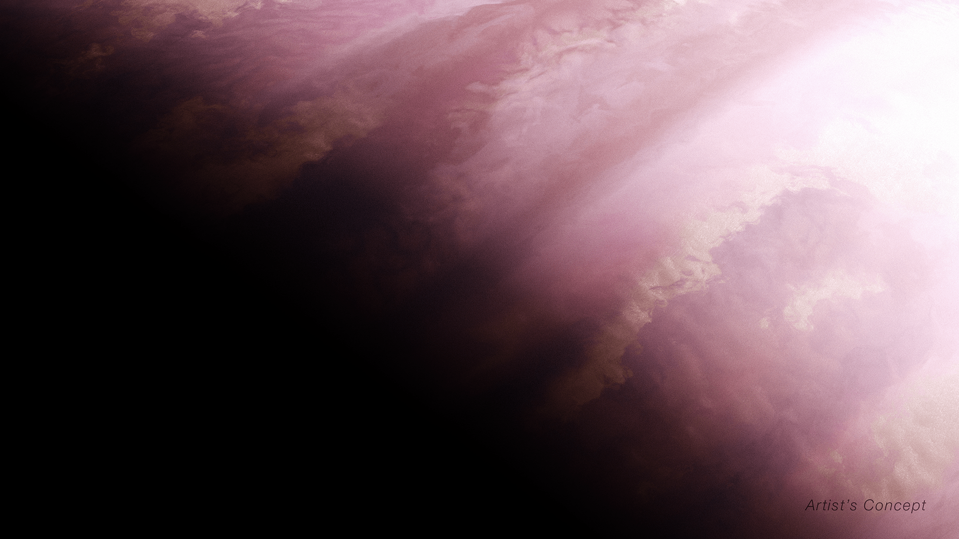 Illustration of a planet, zoomed in on the planet’s dayside/nightside boundary. The planet encompasses takes up the full image. At the bottom left, the image is dark, depicting the nightside covering the planet in a dark shadow. In the right side of the image, the planet has a fuzzy orange-pink atmosphere with hints of latitudinal wispy cloud bands. The right upper corner is bright, where the star (not illustrated) shines.