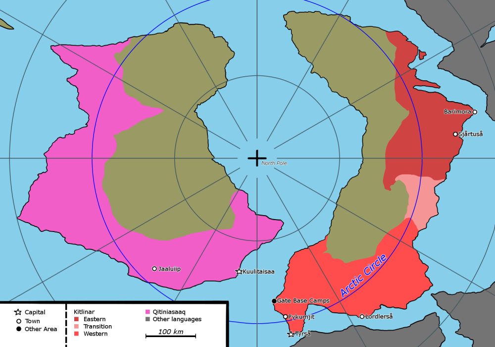 A map of the Arctic, showing the lands where Kitlinar and Qitiniasaaq are spoken.