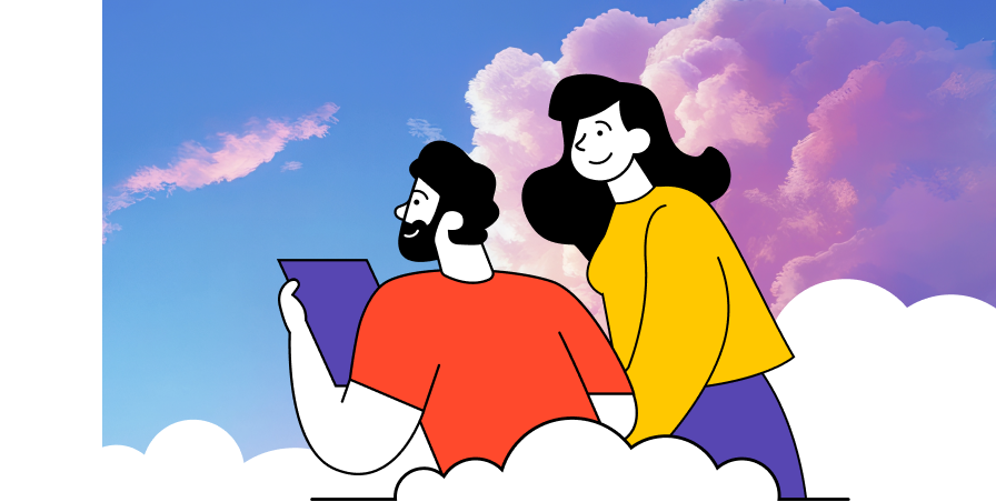 Two illustrated people look out over the clouds into the future.
