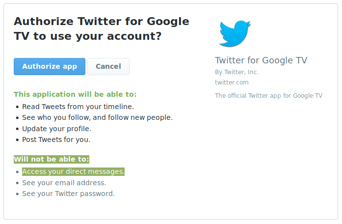 A Twitter login screen. Highlighted is the information that it cannot access your DMs.