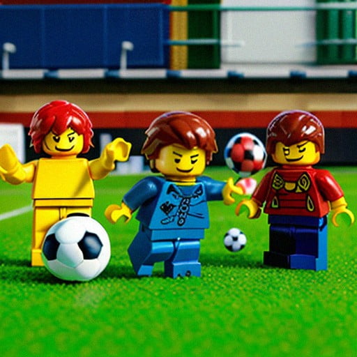 AI generated image of some Lego minifigs playing football.