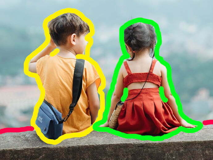 Two children sat on a ledge. One has a tightly bound yellow border around their outline. The other has a similar green border. The wall they're sitting on has a red border which follows its shape.