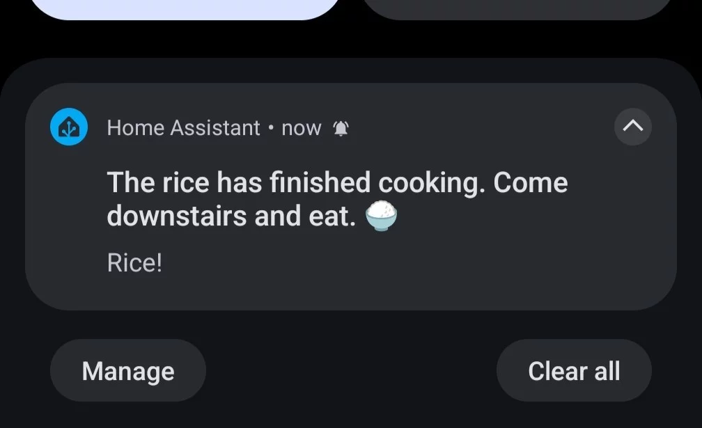 Android alert telling me that the rice is ready.