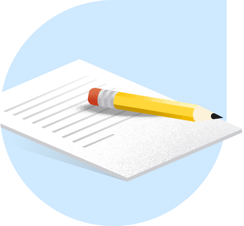 Illustration of a yellow pencil with an eraser resting diagonally on a sheet of lined paper, placed against a light blue circular background.