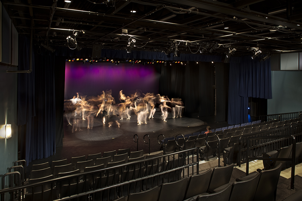 Students pictured rehearsing in the University Dance Theatre