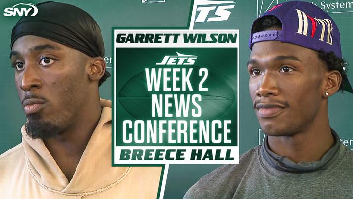 Garrett Wilson and Breece Hall at Week 2 Jets news conference, discussing Week 1 struggles together.