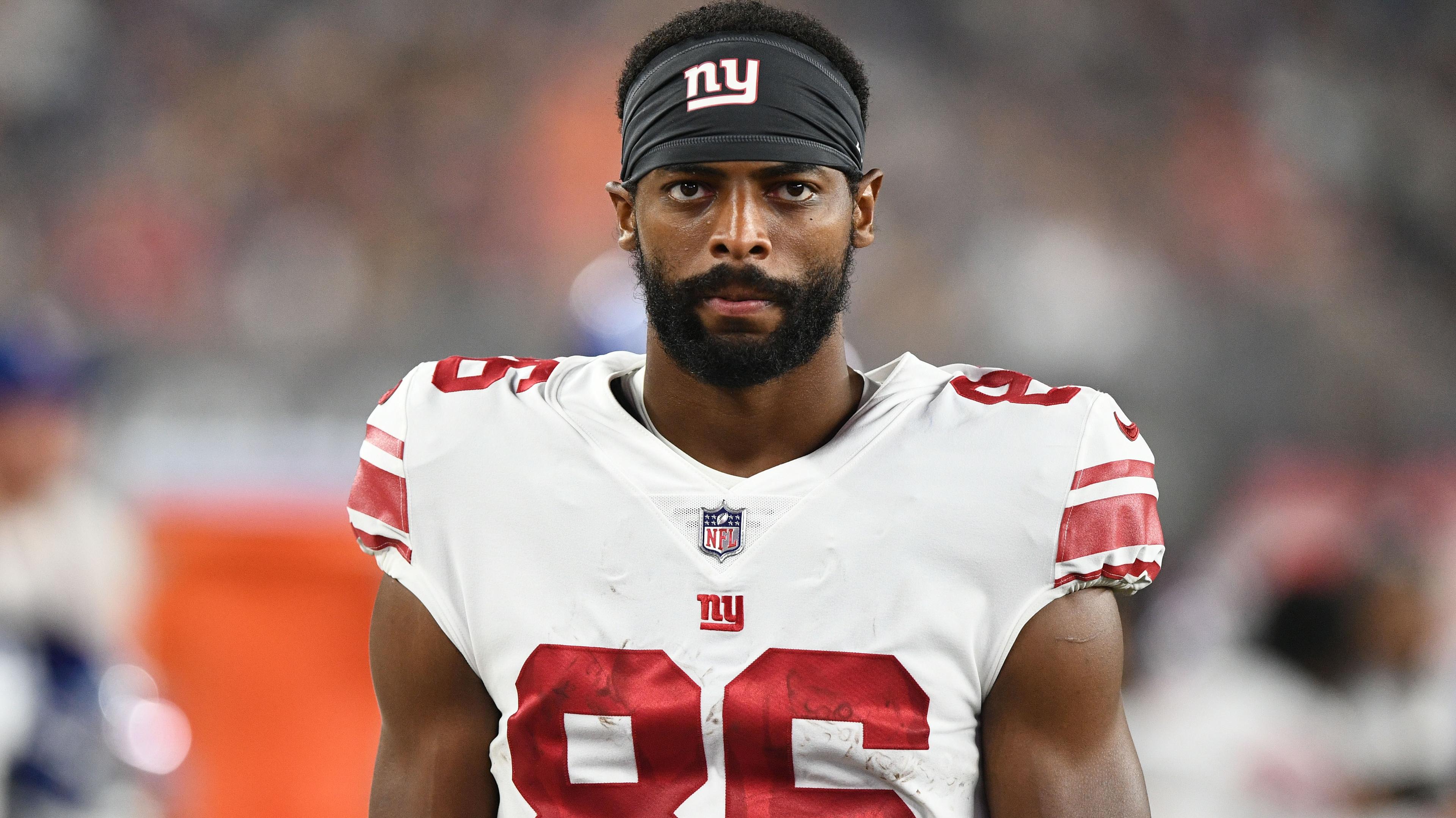 Aug 11, 2022; Foxborough, Massachusetts, USA; New York Giants wide receiver Darius Slayton (86) watches the game from the side line during the first half of a game against the New England Patriots at Gillette Stadium.