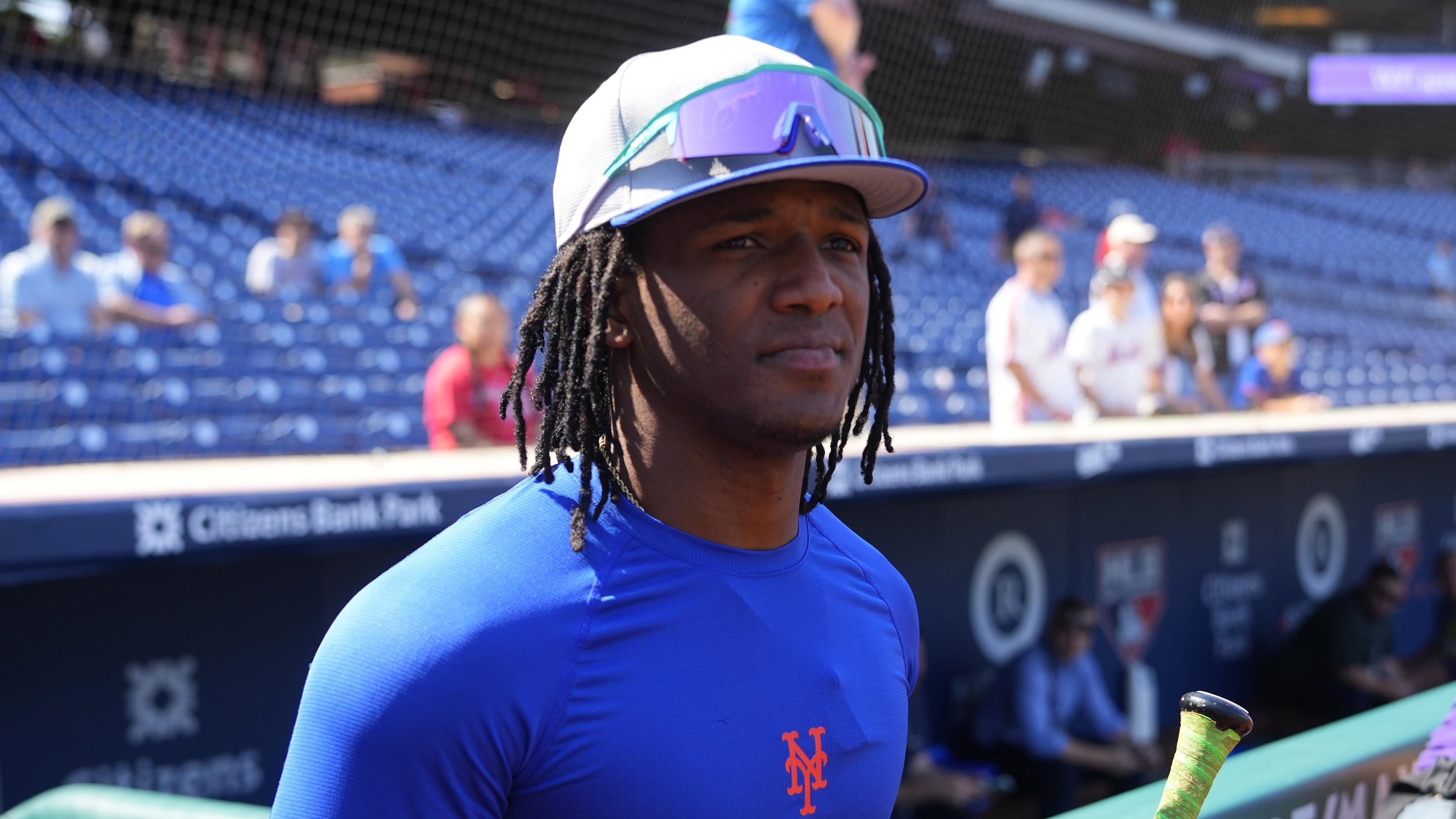 New York Mets shortstop Luisangel Acuna (2) walks to take batting practice prior to the game against the Philadelphia Phillies at Citizens Bank Park.