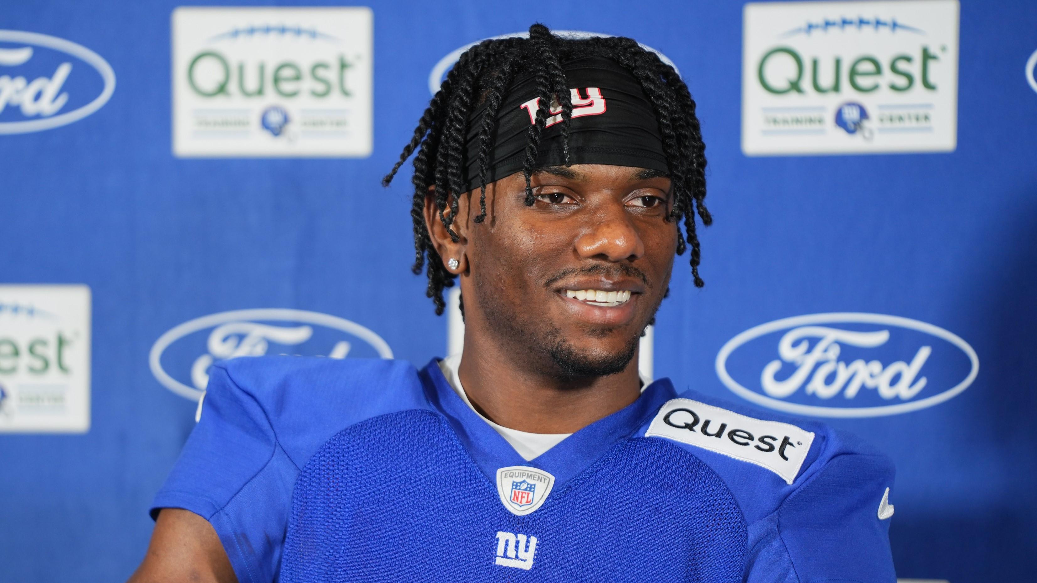 Jul 26, 2024; East Rutherford, NJ, USA; New York Giants wide receiver Malik Nabers (9) speaks at a press conference after training camp at Quest Diagnostics Training Center. 