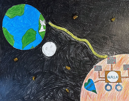 Illustration of Earth, the Moon and Mars in the darkness of space. An antenna on Earth is sending a signal to a rover on Mars. The signal is made out of a pipe cleaner, while the rest of the drawing is colored in pencil.