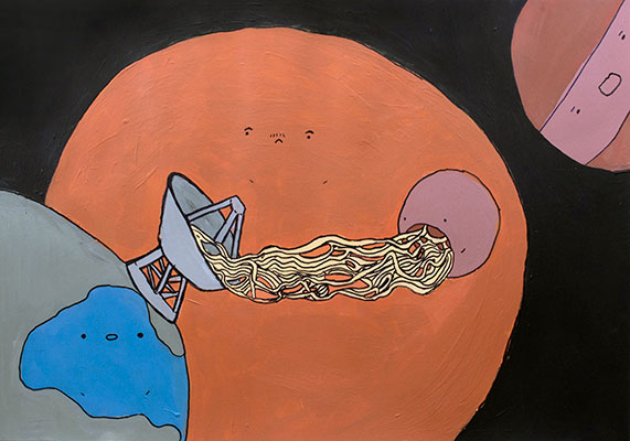 Painting of Earth and three other planetary bodies in the darkness of space. An antenna on Earth is connected to one of the planetary bodies by strands of spaghetti. The planetary body has a mouth and eyes, with its mouth wide open to eat the spaghetti coming from the antenna on Earth. Earth and the other two planetary bodies look on in astonishment.