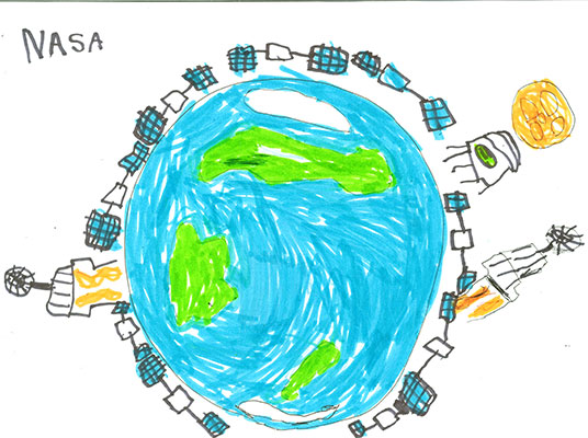 Illustration of Earth with several spacecraft in orbit around it. An antenna is visible on the surface of Earth.