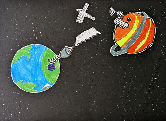 Paper cut outs of Earth with an antenna on it sending a command to dig for soil to a rover on another planet. There is also a spacecraft between Earth and the other planet.