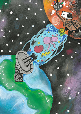 Illustration of an antenna on Earth sending a signal, full of happy things like a ribbon, a heart and a smiley face, to a rover on Mars. There is a disco ball above the rover on Mars, who appears to be having a great time.