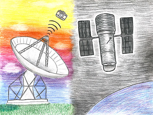 Illustration of a DSN antenna sending a command to take a picture to a spacecraft.