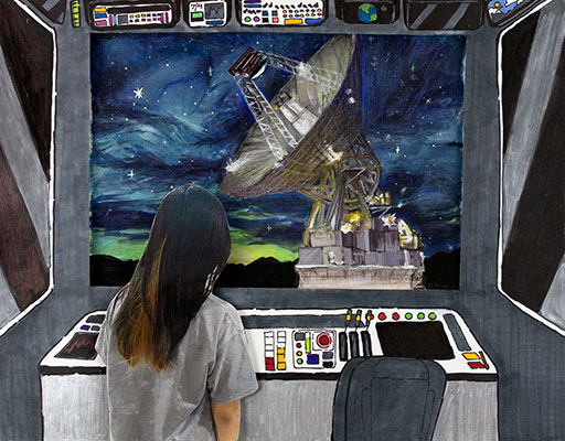 This piece of art uses various styles, including illustration and photography, to create the whole image. A person is inside a control room looking out the window at a DSN antenna in the distance.