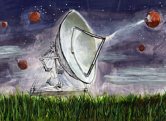 Illustration of a large DSN antenna in a grassy field sending a signal to a planet in the sky.