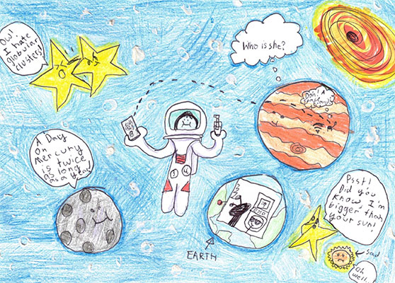 Cartoon illustration of an astronaut floating in space, surrounded by the Moon, stars, Earth, Jupiter and the Sun.