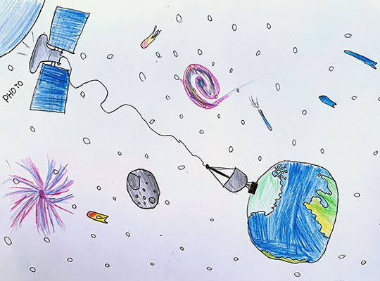 Illustration of Earth with a large antenna sending a signal to a spacecraft that is taking a photo of a planet.